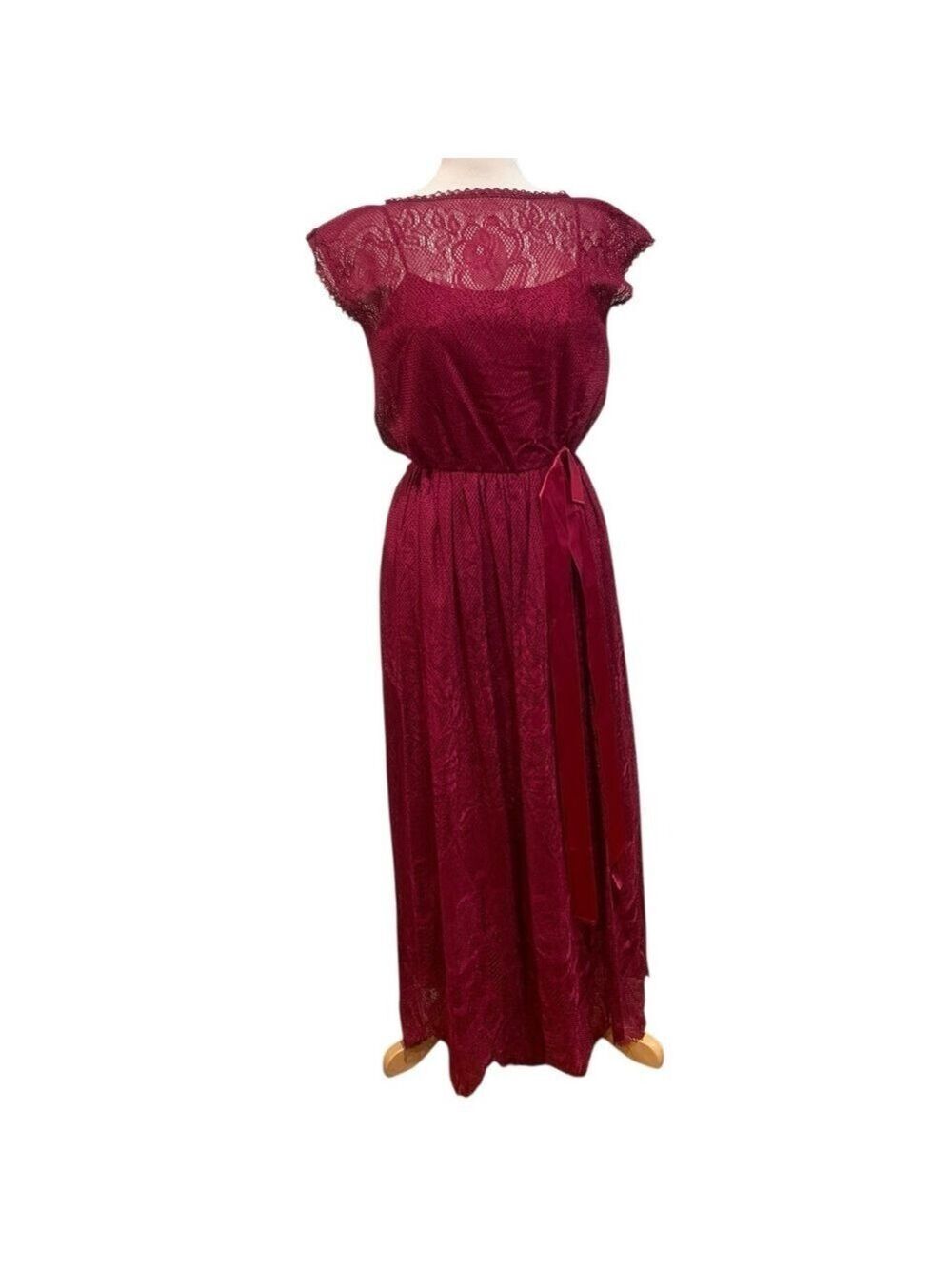 Vntg 70’s sleeveless burgundy floral lace midi dress size 4/6